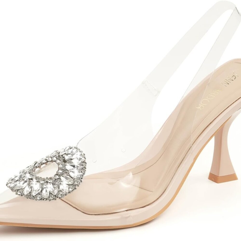 Clear Slingback Heels Women 3inches Rhinestones Dress Pumps For Wedding